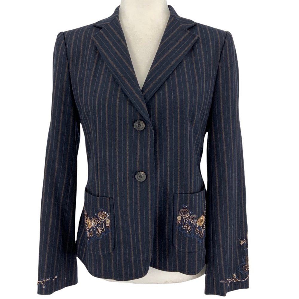 Dkny Dark Navy Pinstripe Blazer with Embroidered Pocket Detail